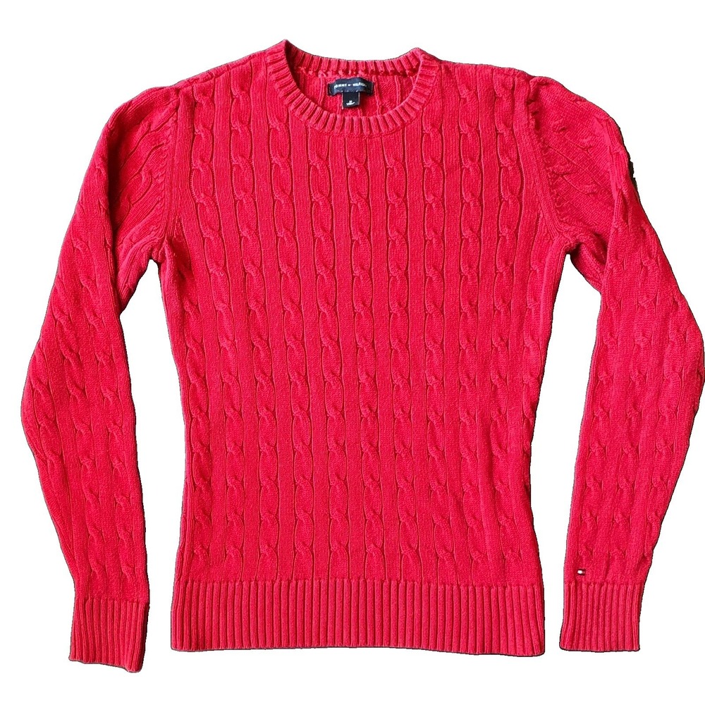 Tommy Hilfiger Womens Cable Knit Crew Neck Pullover Sweater Solid Red Medium